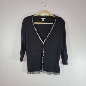 New York & Company 3/4 Sleeve Ruffle Trim Button Front Cardigan Black Size XL